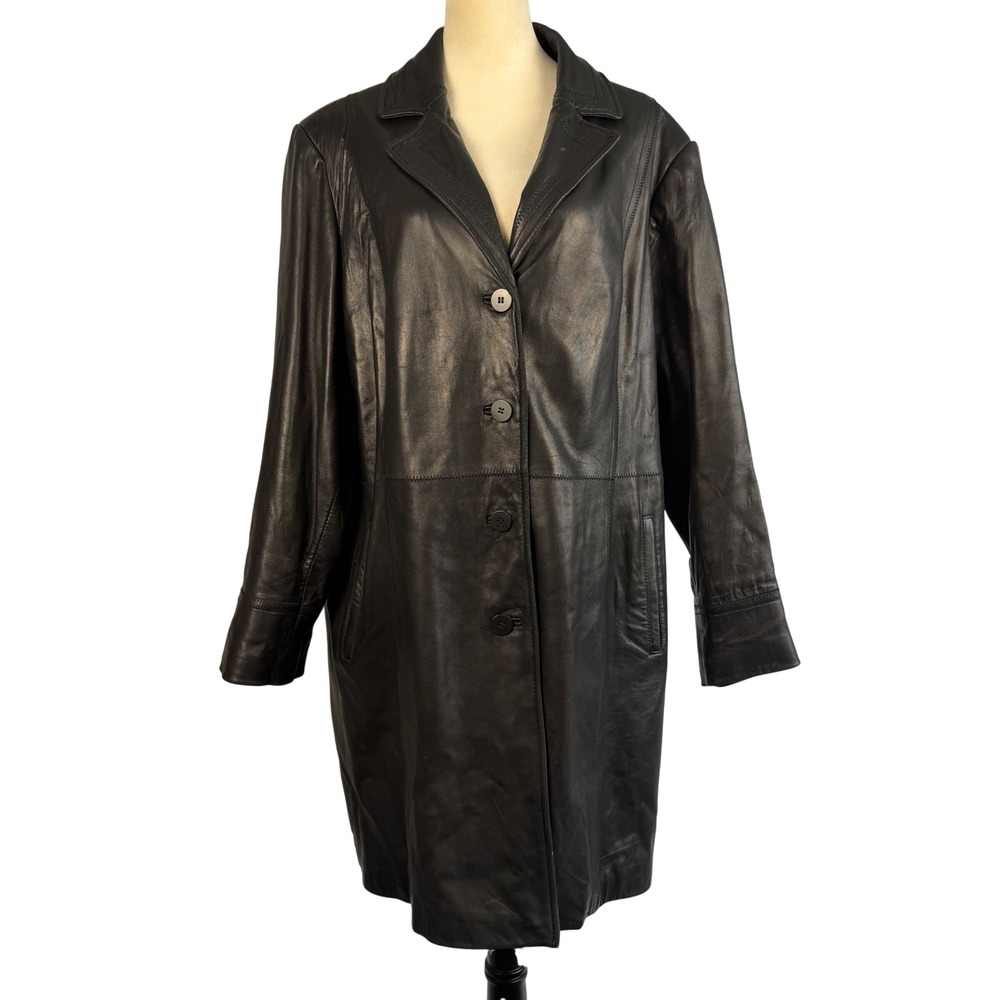 Avanti Black Genuine Leather Trench Coat Jacket Womens Plus 3X Mid Length - Picture 1 of 15